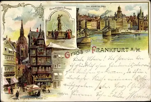 Litho Frankfurt am Main, Eingang zum Markt, Gerechtigkeitsbrunnen, Eiserner Steg