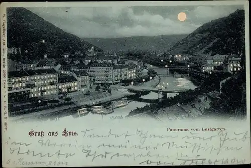 Mondschein Litho Bad Ems an der Lahn, Panorama vom Lustgarten