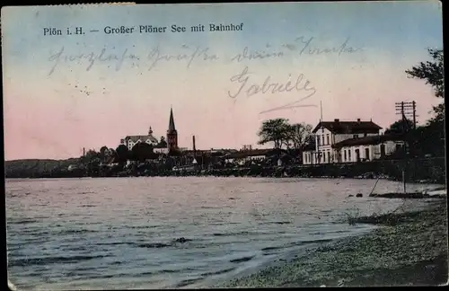 Ak Plön in Schleswig Holstein, Großer Plöner See mit Bahnhof