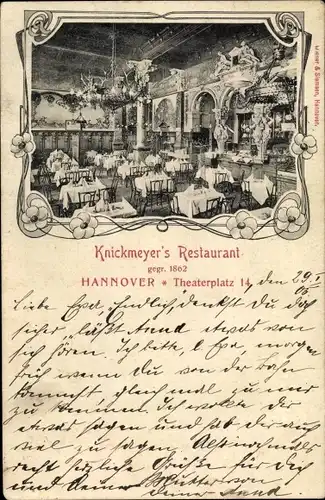 Litho Hannover in Niedersachsen, Knickmeyers Restaurant, Theaterplatz 14