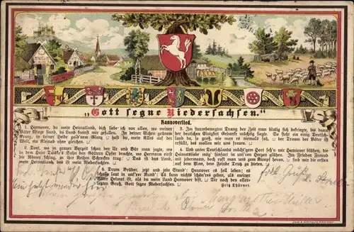 Ak Gott segne Niedersachsen, Hannoverlied v. Fritz Thörner, Hildesheim, Lüneburg, Göttingen, Wappen