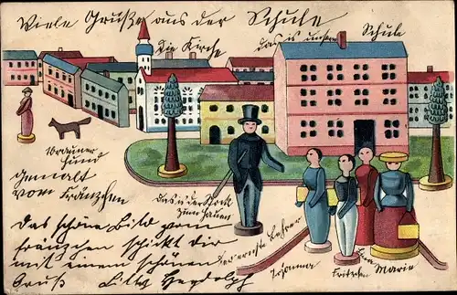 Litho Stadtszene, Holzfiguren, Kirche, Hund, Grüße aus der Schule