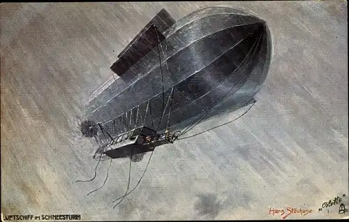 Künstler Ak Stövhase, Hans, Luftschiff im Schneesturm, Zeppelin