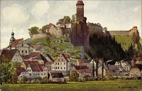 Künstler Ak Schmidt, C., Neuhaus an der Pegnitz Mittelfranken, Totale mit Burg Veldenstein