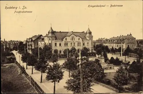 Ak Radeberg in Sachsen, Kriegerdenkmal, Badstraße, Restaurant Lindenhof