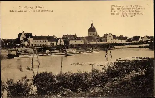 Ak Mühlberg an der Elbe, Hafenpartie, Blick auf den Ort, Salondampfer