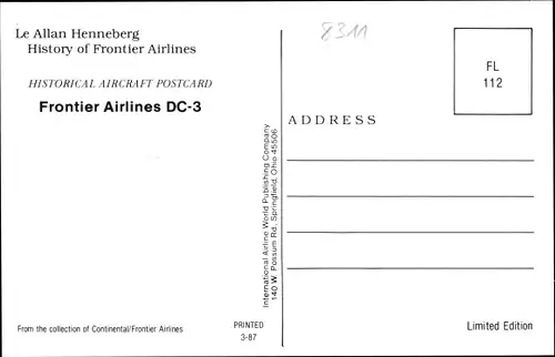 Ak Amerikanisches Passagierflugzeug, Frontier Airlines, DC-3