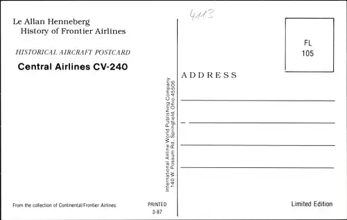 Ak Amerikanisches Passagierflugzeug, Central Airlines, CV-240