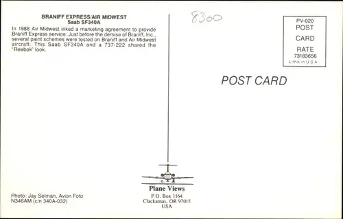 Ak Amerikanisches Passagierflugzeug, Braniff Express, Air Midwest, Saab SF340A, N346AM