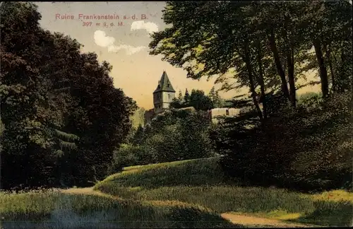 Ak Nieder Beerbach Mühltal im Odenwald, Burgruine Frankenstein