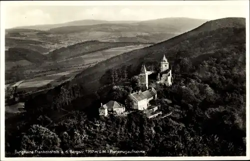 Ak Nieder Beerbach Mühltal im Odenwald, Burg Frankenstein, Fliegeraufnahme