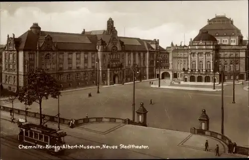 Ak Chemnitz Sachsen, König Albert Museum, Neues Stadttheater, Straßenbahn