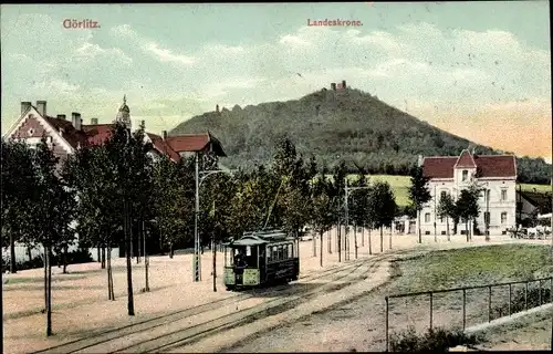 Ak Görlitz, Straßenbahn mit Blick zur Landeskrone