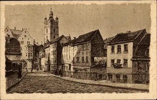 Ak Darmstadt in Hessen, Häusergruppe in der Pädagogstraße m. d. Stadtkirche