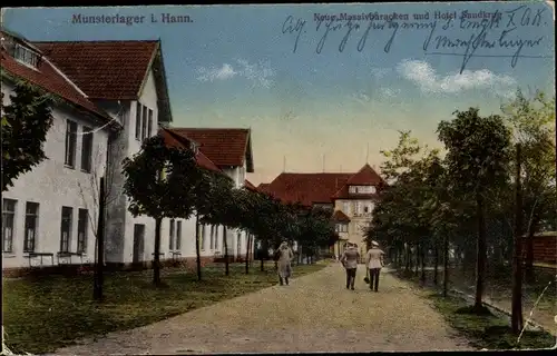 Ak Munster im Heidekreis, Truppenübungsplatz Munsterlager, Neue Massivbaracken, Hotel Sandkrug