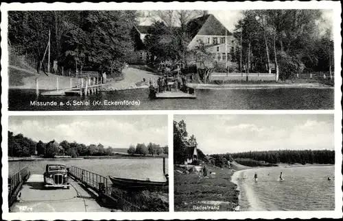 Ak Missunde an der Schlei Kosel, Gaststätte A. Seemann, Fähre, Badestrand