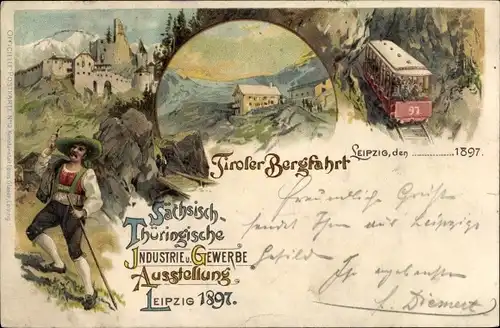 Litho Leipzig, Sächsisch Thüringische Ausstellung 1897, Tiroler Bergfahrt, Bergbahn