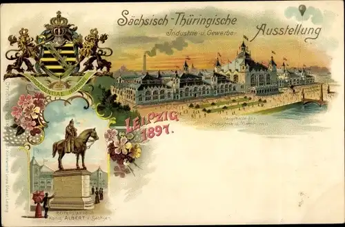 Wappen Litho Leipzig, Sächsisch Thüringische Ausstellung 1897, Haupthalle, Reiterstandbild