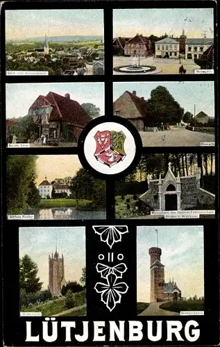 Ak Lütjenburg in Holstein, Wasserkunst, Schloss Panker, Bahnhof, Turm, Wappen