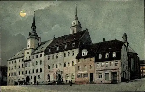 Mondschein Ak Roßwein in Sachsen, Rathaus, Marktplatz