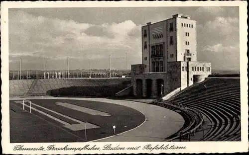Ak Chemnitz Sachsen, Großkampfbahn, Stadion mit Befehlsturm