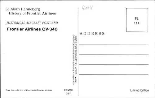 Ak Amerikanisches Passagierflugzeug, Frontier Airlines, CV-340, Sunliner Navajo, N7330