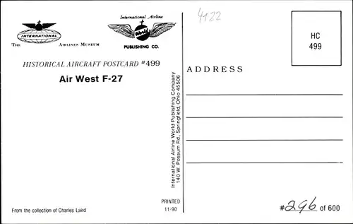 Ak Amerikanisches Passagierflugzeug, Air West, F-27, M759L