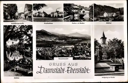 Ak Eberstadt Darmstadt in Hessen, Mühltal, Krankenhaus, Heidelbergerstraße, Kirche