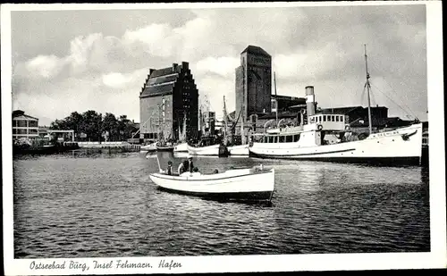 Ak Burg auf der Insel Fehmarn, Hafen mit Fährboot