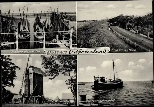 Ak Esens in Ostfriesland, Straße, Deich, Windmühle, Künstenfrachtschiff