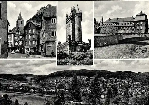 Ak Dillenburg in Hessen, Postbrücke, Wilhelms Turm, Hauptstraße, Panorama