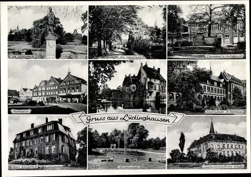 Ak Lüdinghausen Münsterland, Wasserburg Vischering, Ehrenmal, Marktplatz, Badeanstalt, Oberlyzeum