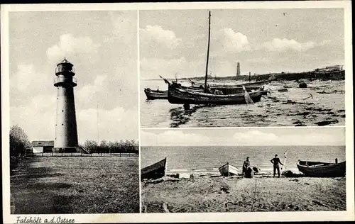 Ak Falshöft Nieby in Schleswig Holstein, Leuchtturm, Fischerboote, Strand