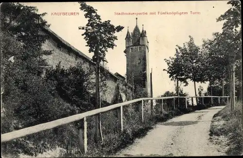 Ak Kaufbeuren an der Wertach in Schwaben, Stadtmauerpartie mit Fünfknöpfigem Turm