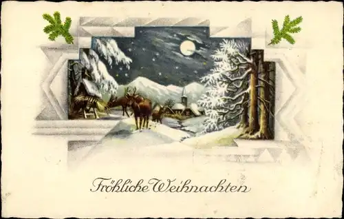 Ak Glückwunsch Weihnachten, Winterlandschaft mit Rehen, Mond