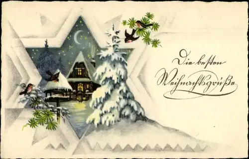 Ak Glückwunsch Weihnachten, Schneebedecktes Haus, Mondschein