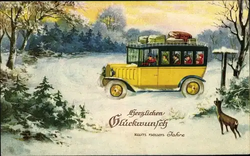 Ak Glückwunsch Neujahr, Autobus, Reh, Winterlandschaft