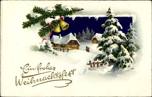 Ak Glückwunsch Weihnachten, Glocken, Winterlandschaft, Häuser