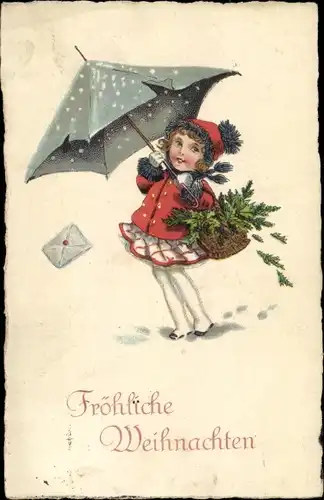 Ak Glückwunsch Weihnachten, Mädchen mit Regenschirm, Brief, Korb