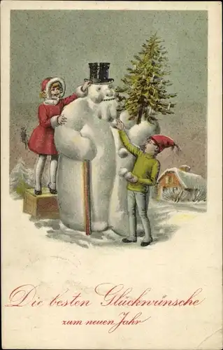 Ak Glückwunsch Neujahr, Kinder bauen einen Schneemann, Tannenbaum