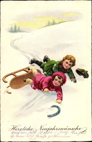 Ak Glückwunsch Neujahr, Kinder sind mit Schlitten gestürzt, Hufeisen