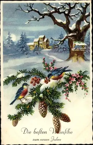 Ak Glückwunsch Neujahr, Tannenzweig, Vögel, Winterlandschaft