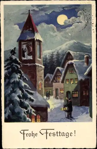 Ak Glückwunsch Weihnachten, Ortschaft, Glockenturm, Mondschein