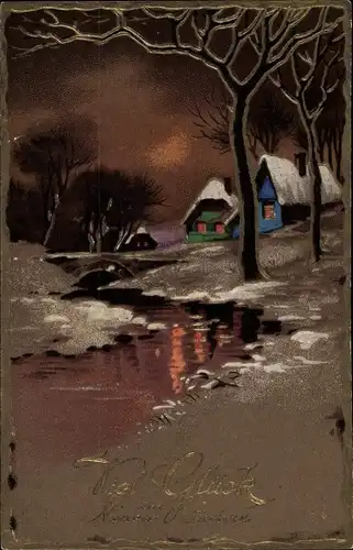 Ak Glückwunsch Neujahr, Winterlandschaft, Fluss, Häuser