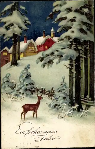 Ak Glückwunsch Neujahr, Winterlandschaft, Reh, Ortschaft