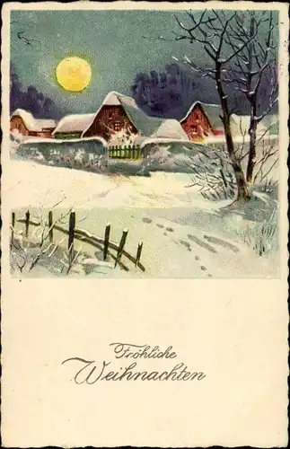 Ak Glückwunsch Weihnachten, Schneebedeckte Ortschaft im Mondschein