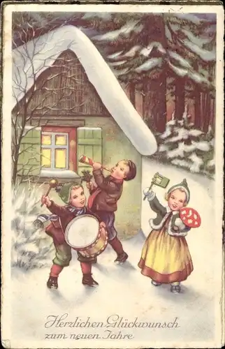 Ak Glückwunsch Neujahr, Musizierende Kinder vor einem Haus