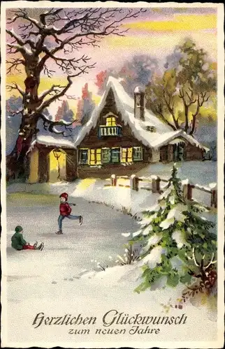 Ak Glückwunsch Neujahr, Kinder beim Eislaufen, Haus