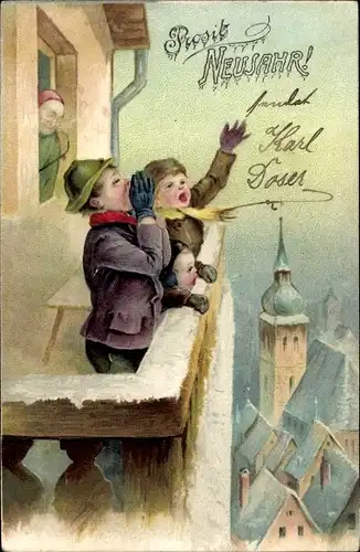 Ak Glückwunsch Neujahr, Kinder auf einem Balkon