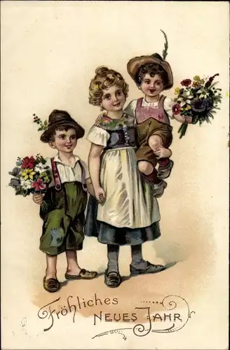 Präge Litho Glückwunsch Neujahr, Kinder mit Blumen